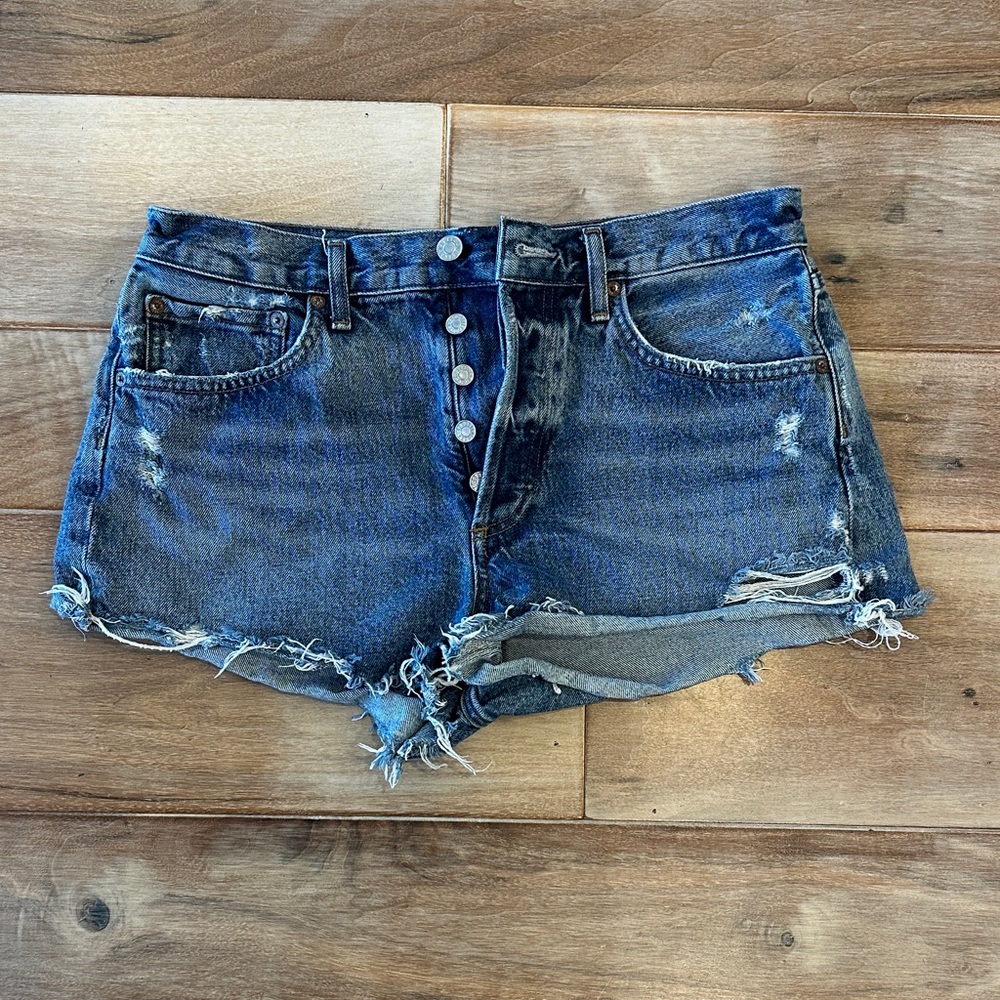 Agolde Dark Blue Distressed Button-Front Denim Shorts